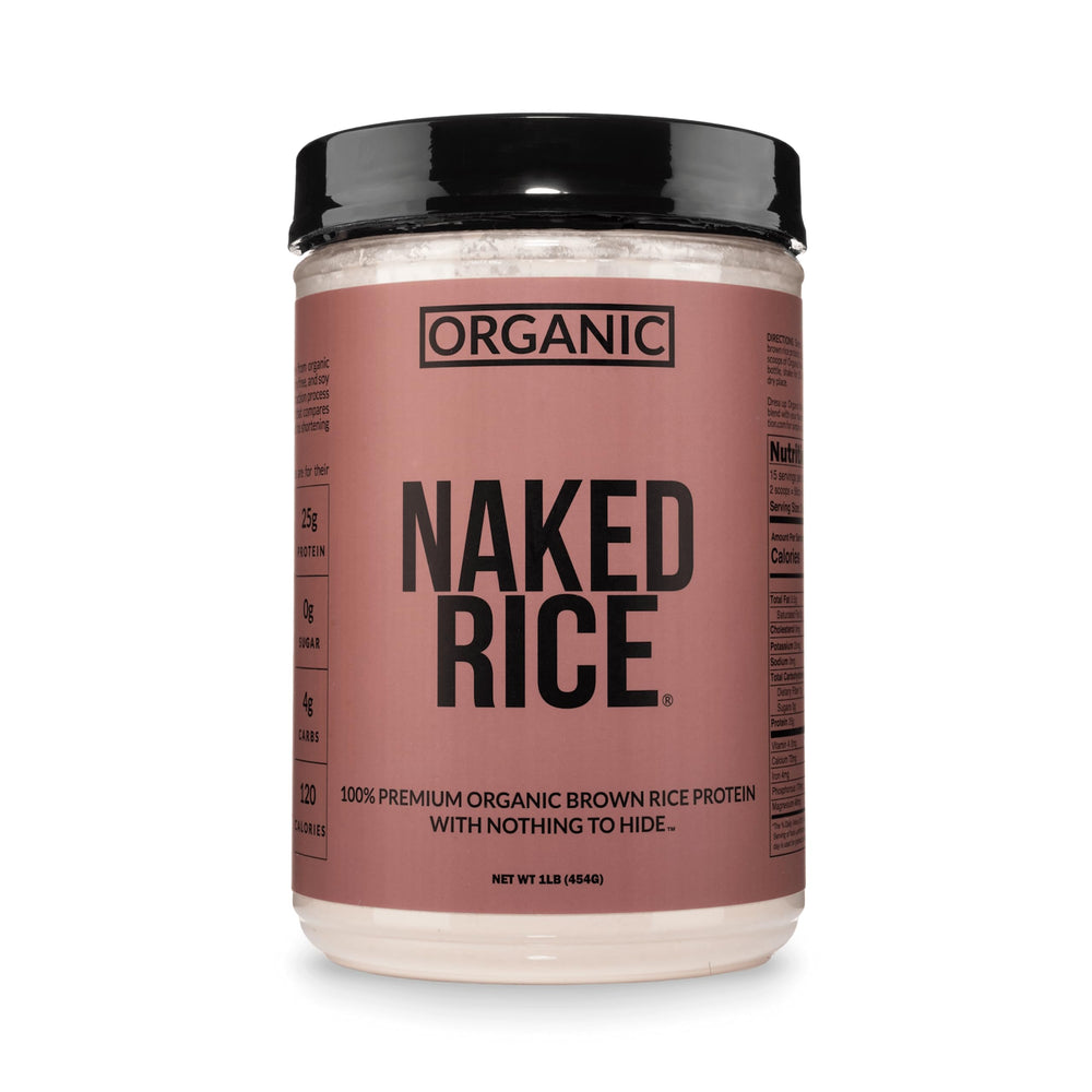 NAKED envase frontal de proteína de arroz con etiqueta clara y limpio