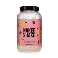 NAKED envase frontal mostrando sabor fresa plátano y beneficio de proteína pura