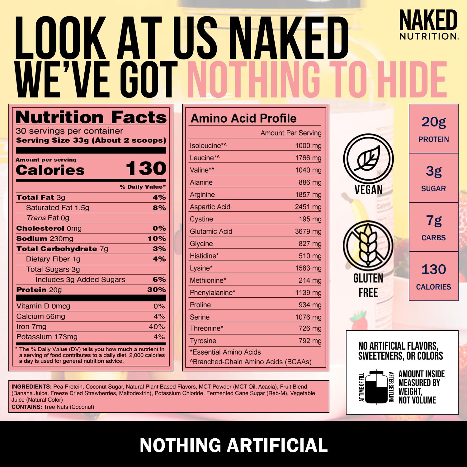NAKED guisantes y aceite MCT ilustrando origen vegetal y saciedad añadida
