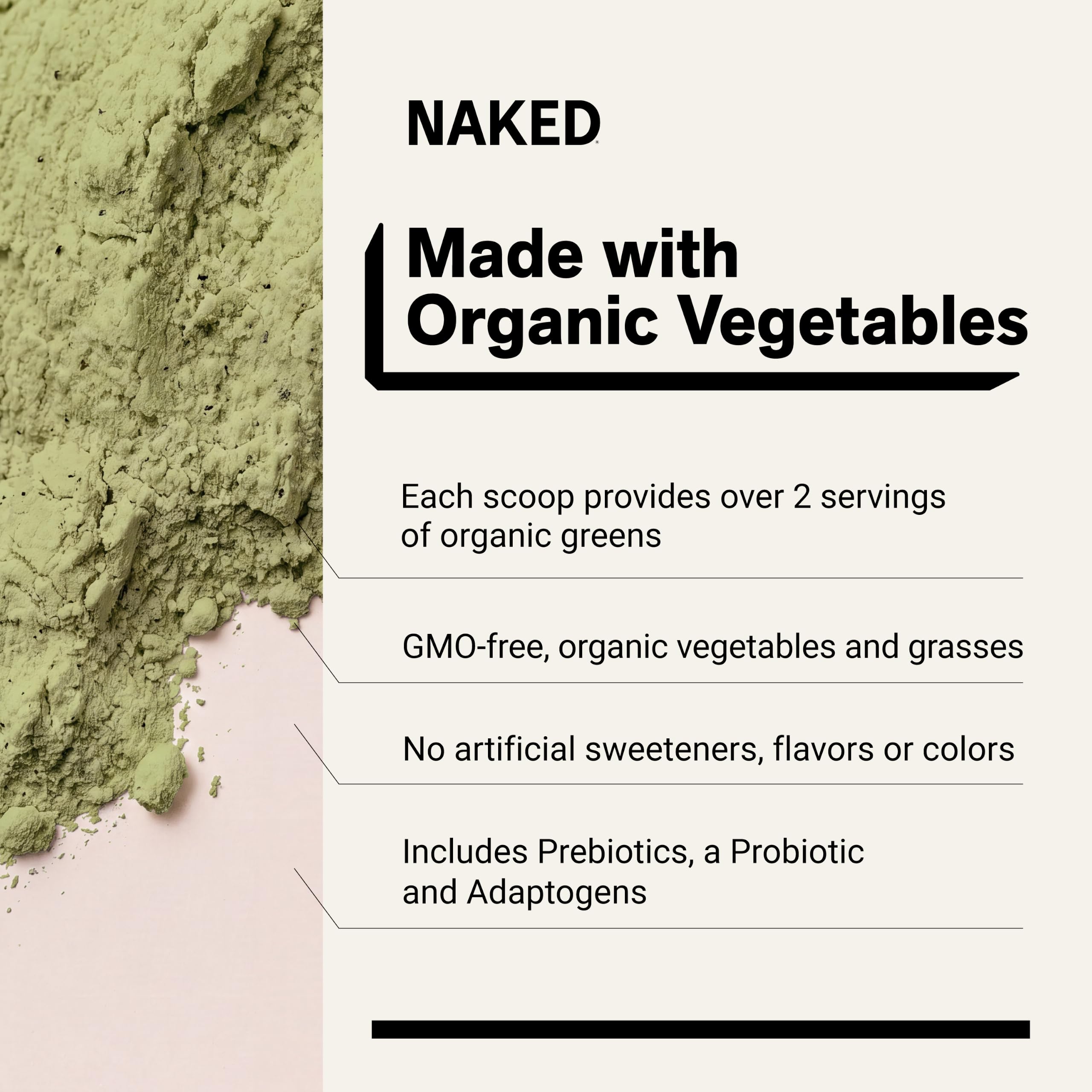 NAKED vaso con Super Greens mezclado para energía rápida y vegetal