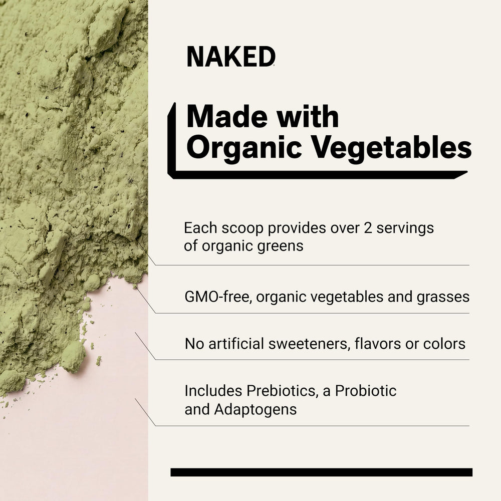 NAKED vaso con Super Greens mezclado para energía rápida y vegetal