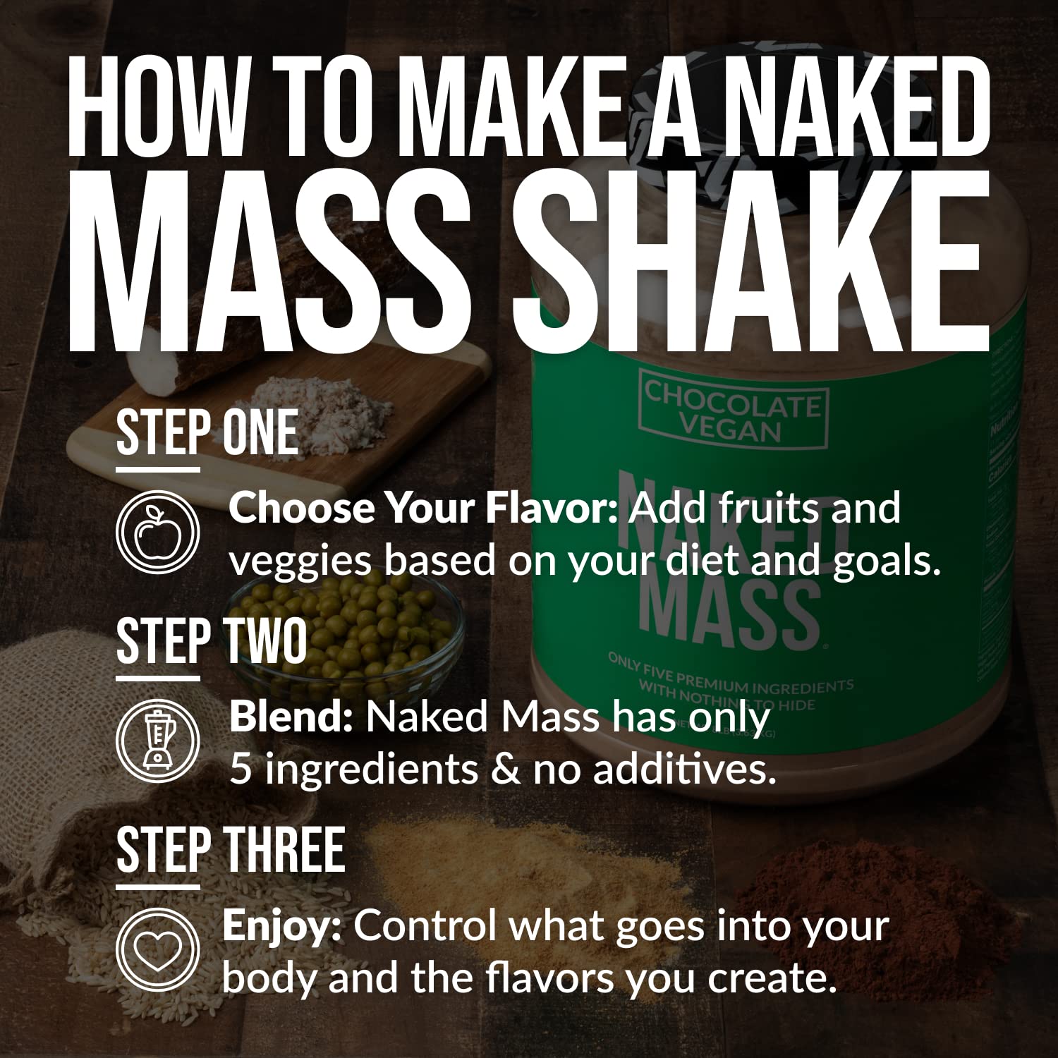 Primer plano de la etiqueta nutricional de NAKED Vegan Mass mostrando proteínas y calorías