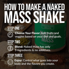 Primer plano de la etiqueta nutricional de NAKED Vegan Mass mostrando proteínas y calorías