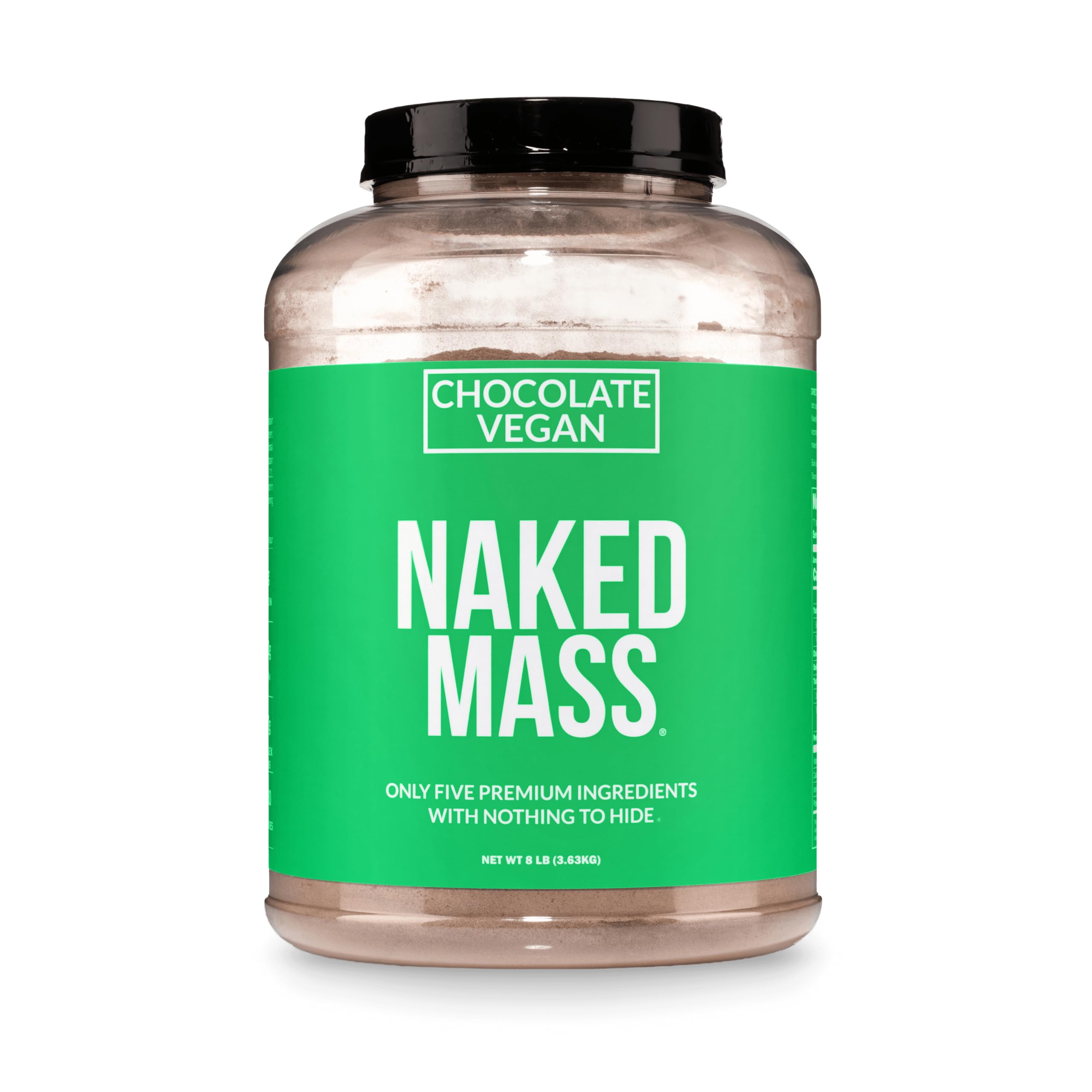 NAKED Vegan Mass envase frontal mostrando el tamaño y la marca, ideal para compras limpias
