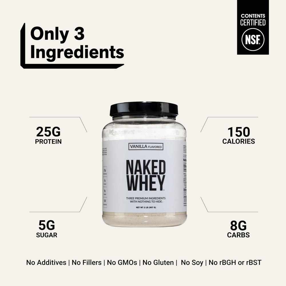 NAKED Whey batido servido en vaso, sabor vainilla cremoso y fácil de beber