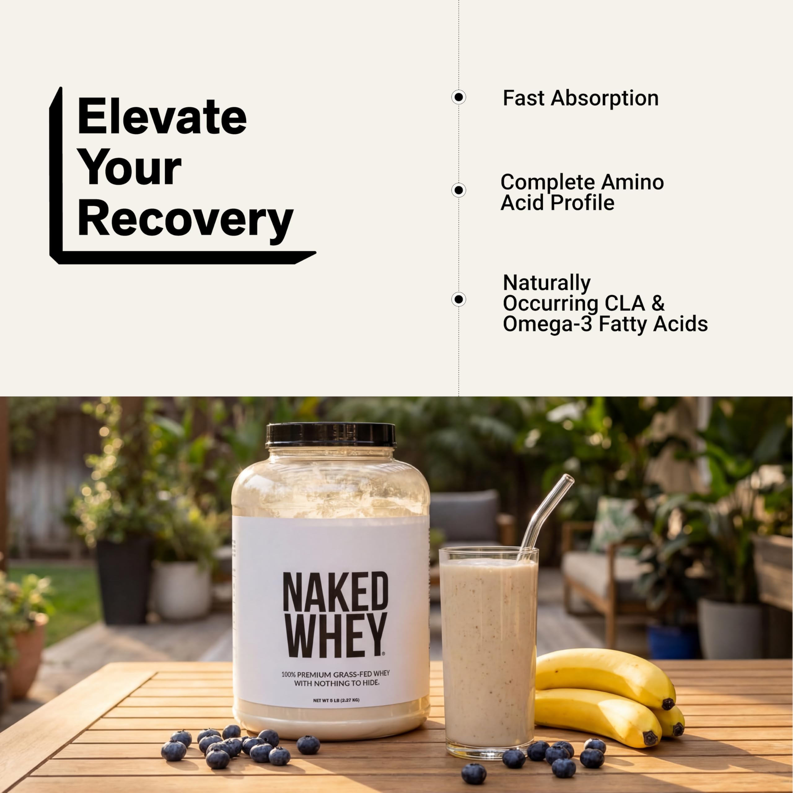 NAKED Whey envase 5 lb junto a objetos para comparar tamaño y ahorro