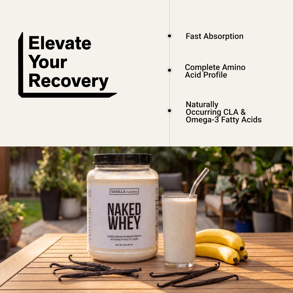 NAKED Whey tamaño del envase comparado con mano para referencia de porciones