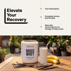 NAKED Whey tamaño del envase comparado con mano para referencia de porciones