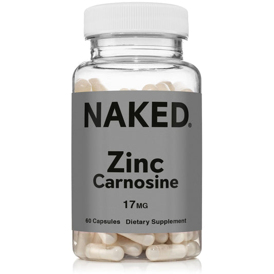 NAKED frasco de Zinc Carnosine frente mostrando diseño y beneficio claridad