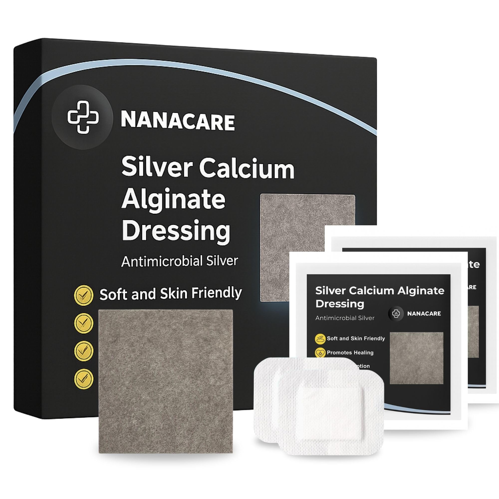 NanaCare empaque frontal mostrando apósitos alginato con plata y beneficio de protección
