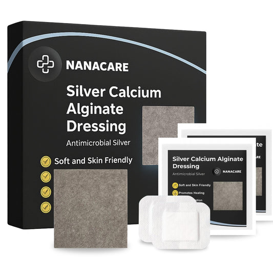 NanaCare empaque frontal mostrando apósitos alginato con plata y beneficio de protección
