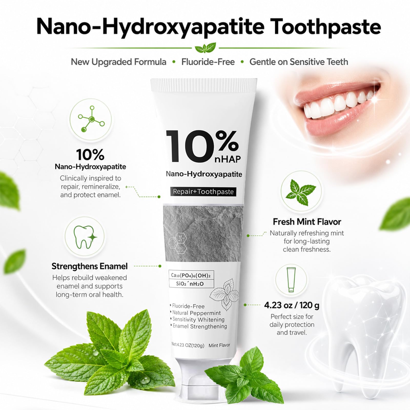Generic Nano-Hydroxyapatite Toothpaste comparación de tamaño con dedo para referencia