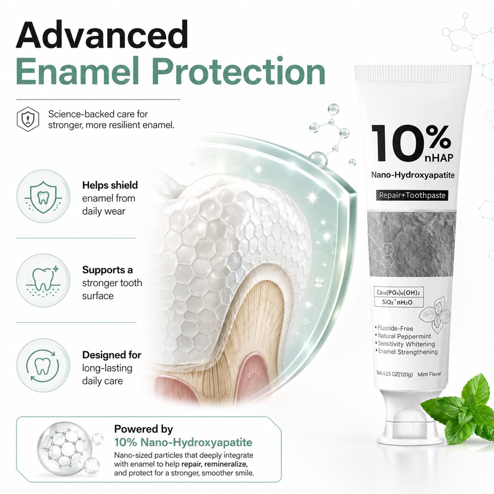 Generic Nano-Hydroxyapatite Toothpaste detalle de micropartículas NHA en superficie