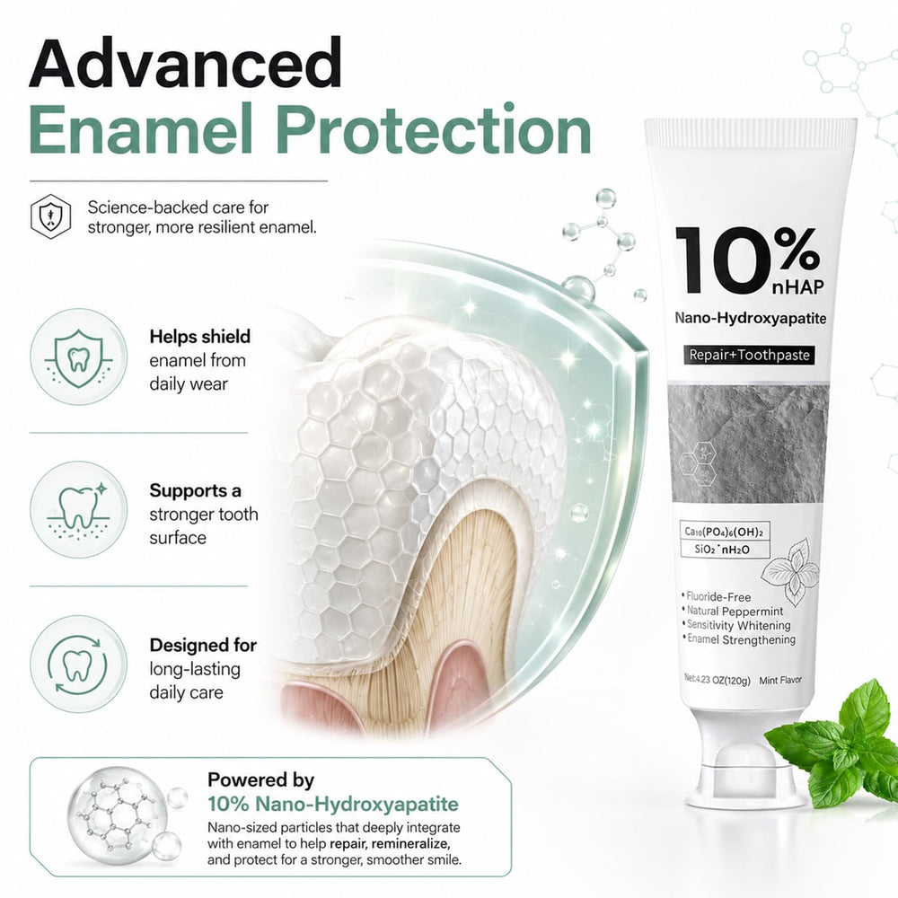 Generic Nano-Hydroxyapatite Toothpaste detalle de micropartículas NHA en superficie