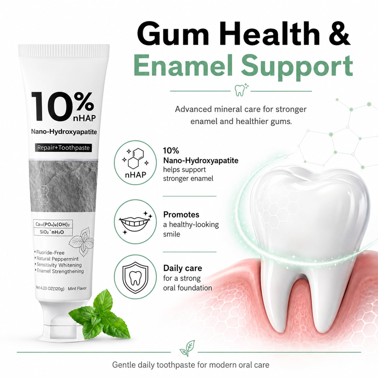 Generic Nano-Hydroxyapatite Toothpaste etiqueta con ingredientes y beneficios claros
