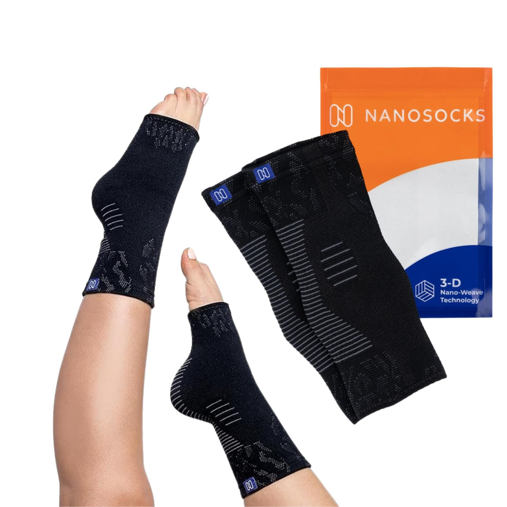 NanoSocks empaque frontal mostrando par y color negro, protección y claridad