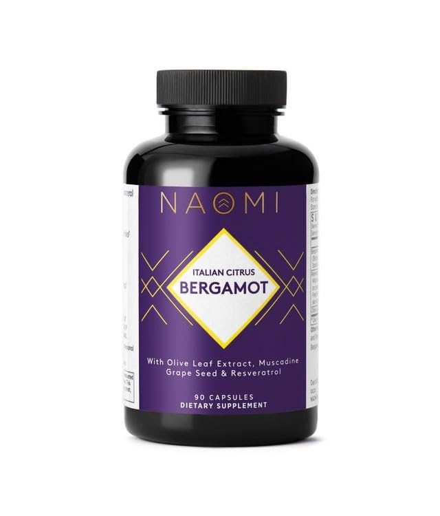 NAOMI botella frontal del suplemento bergamot para identificar el envase y beneficios