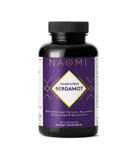 NAOMI botella frontal del suplemento bergamot para identificar el envase y beneficios