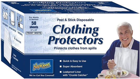 Napkleen empaque frontal pack de 50 baberos mostrando protección higiénica