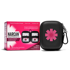 NARCAN frontal del empaque mostrando dos dosis y estuche práctico para acceso rápido