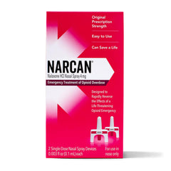 NARCAN empaque frontal mostrando dos dispositivos y beneficio de disponibilidad inmediata