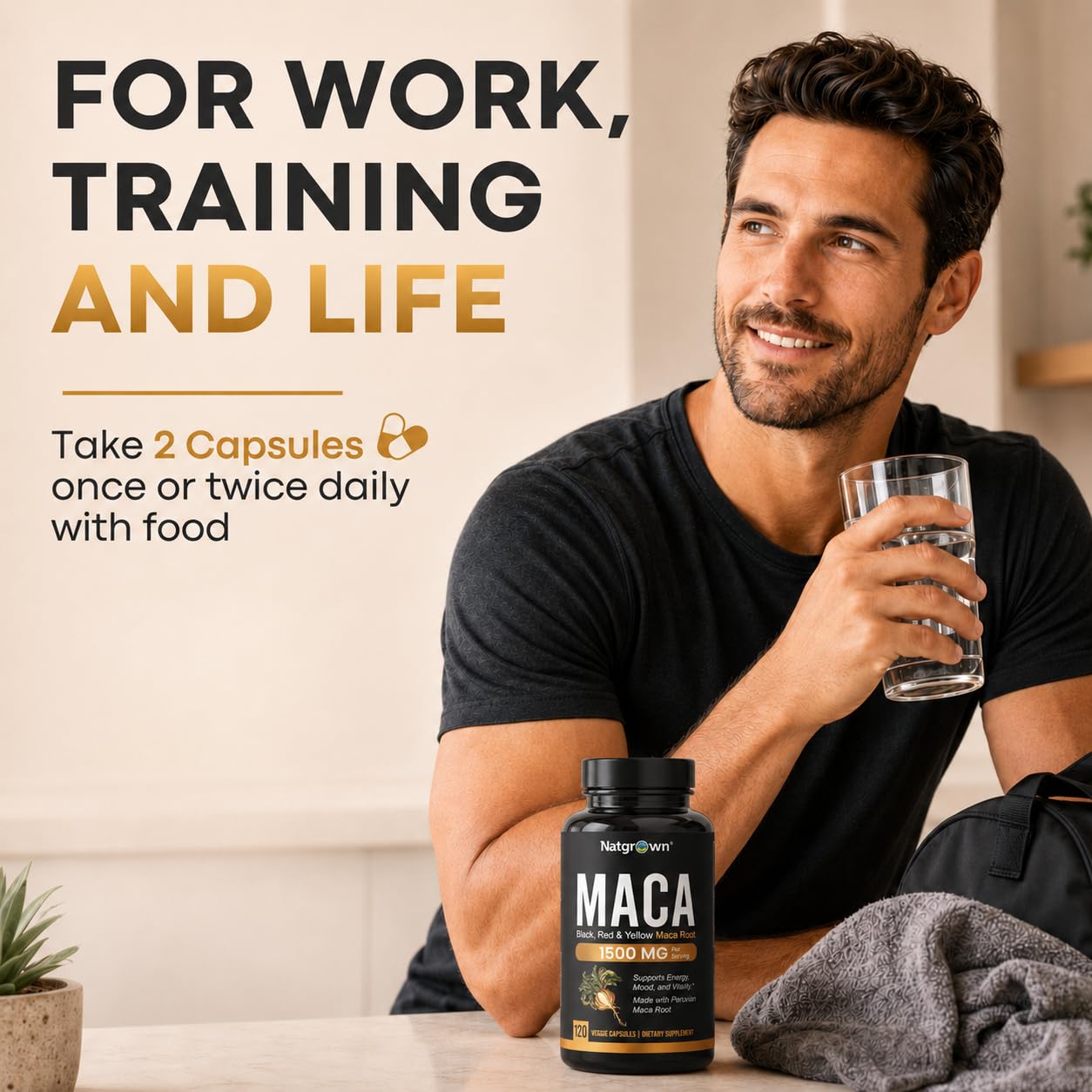 Natgrown textura de polvo de maca en primer plano, muestra calidad orgánica