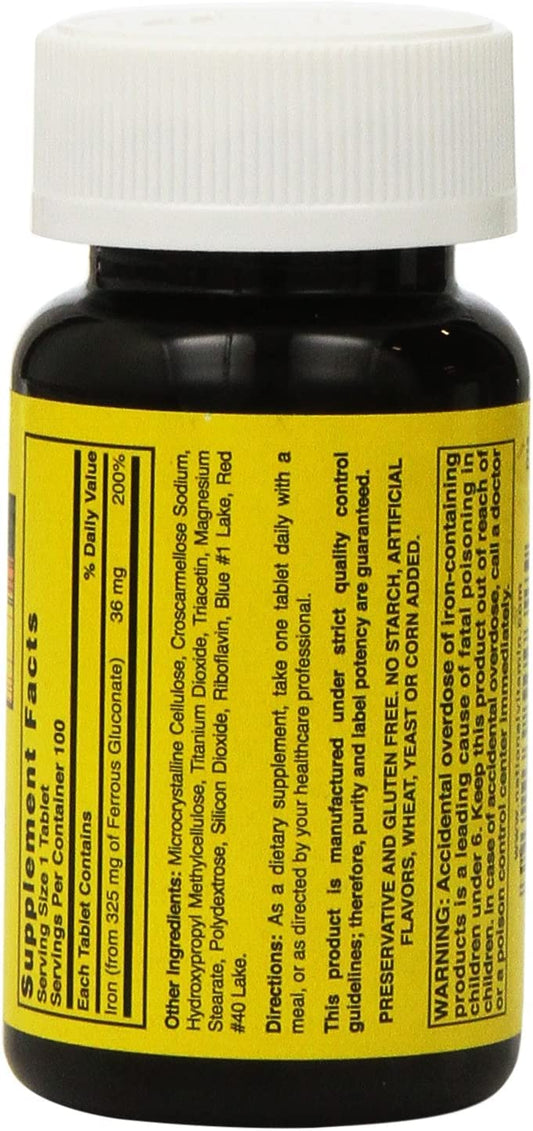 Nature's Blend ferrous gluconate tablets close-up with gluten-free label