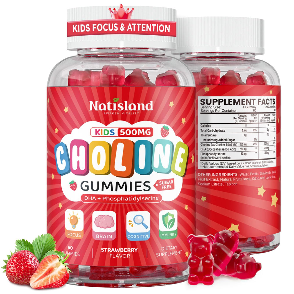 NATISLAND frasco frontal que muestra 60 gomitas y beneficios claros