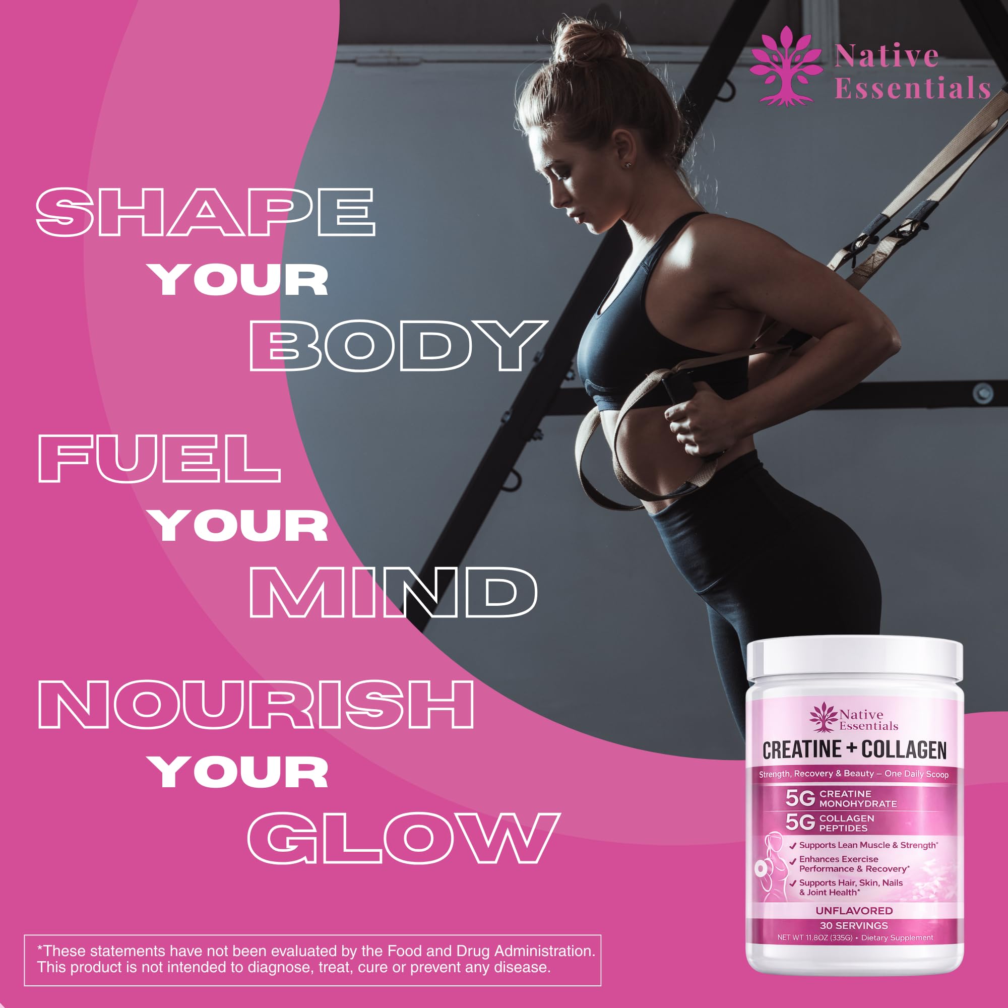 Native Essentials mujer entrenando en gimnasio beneficiándose de fuerza y recuperación