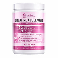 Native Essentials frente del envase mostrando la marca y combinación creatina colágeno