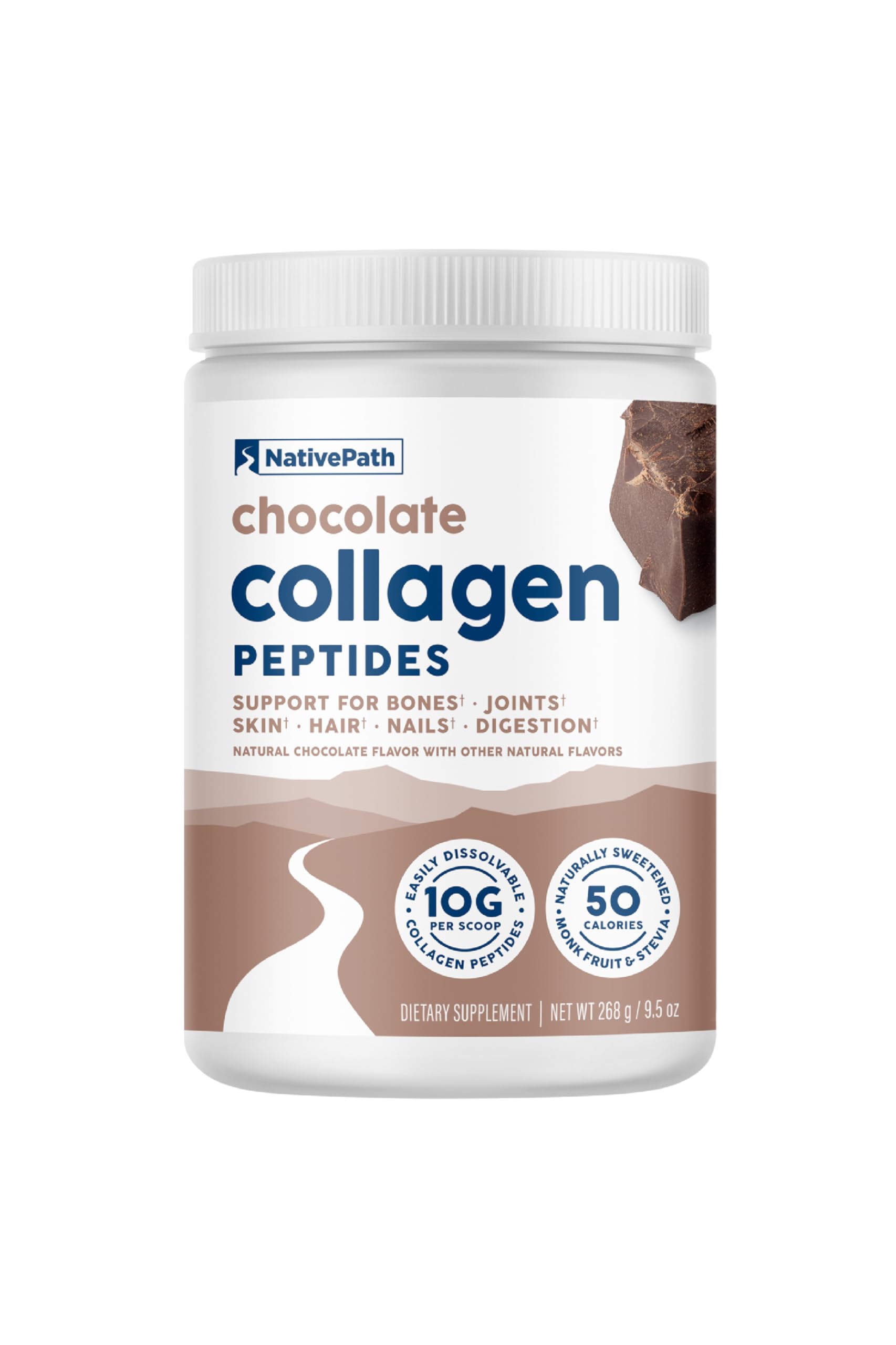 NativePath envase frontal del colágeno chocolate mostrando etiqueta clara y beneficios