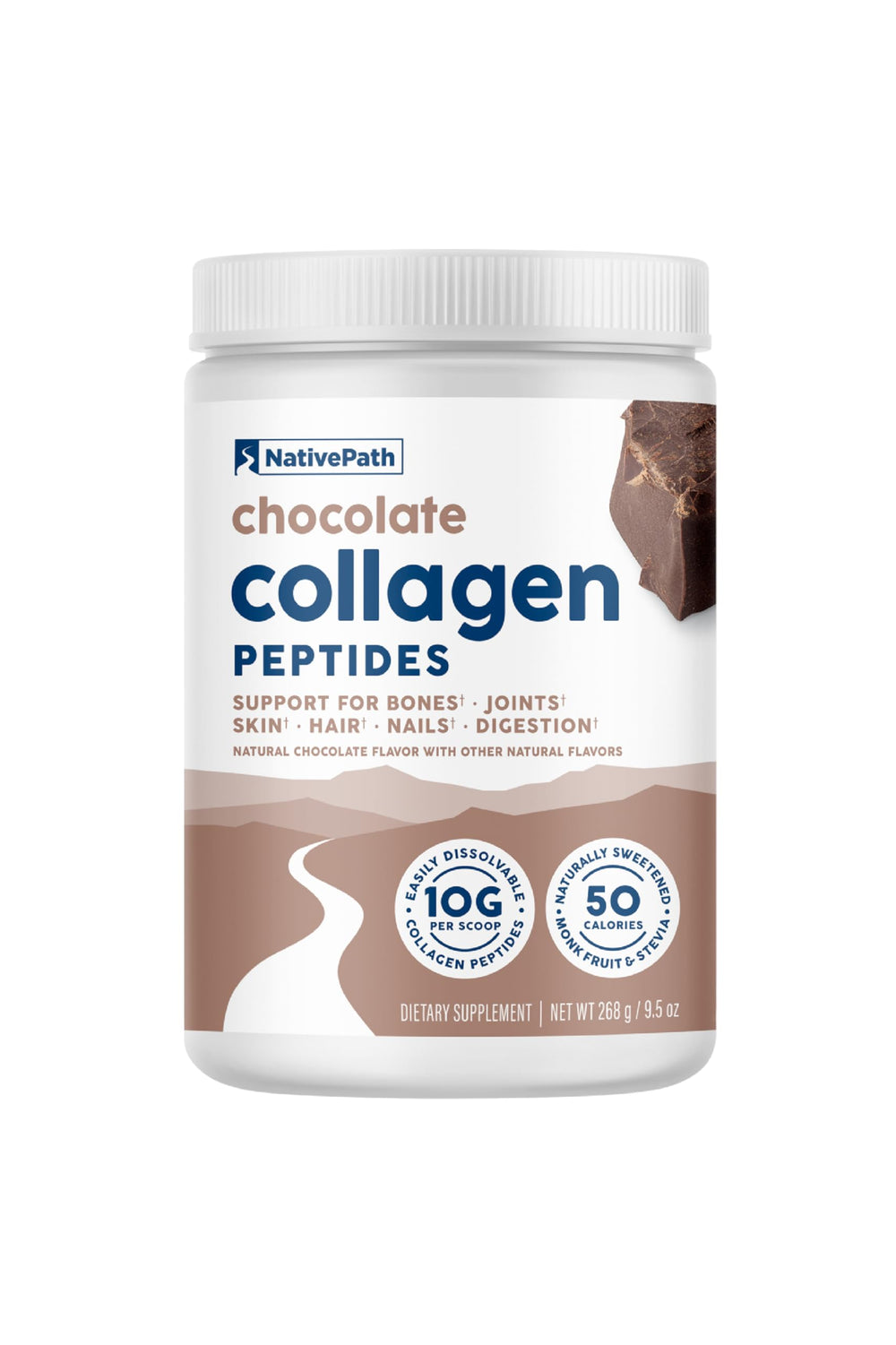 NativePath envase frontal del colágeno chocolate mostrando etiqueta clara y beneficios