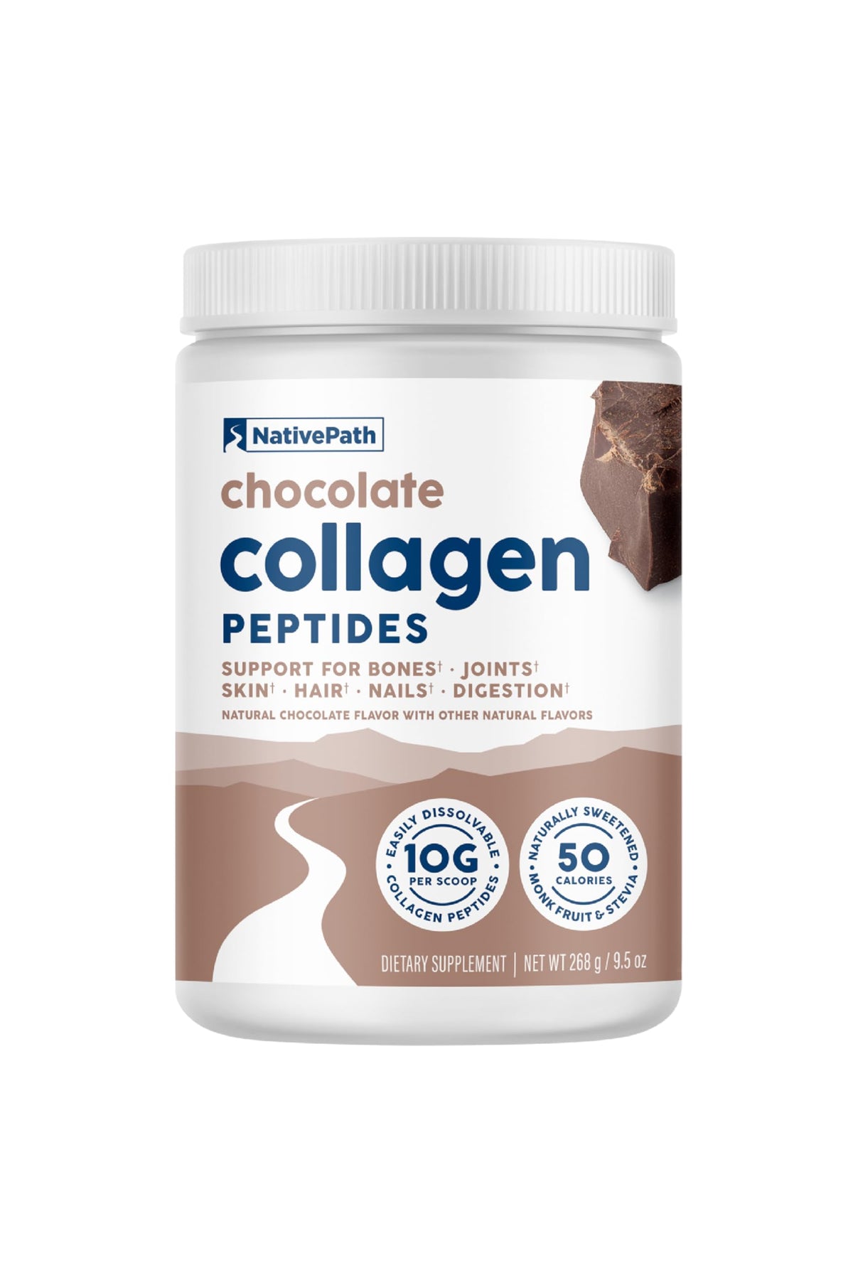NativePath envase frontal del colágeno chocolate mostrando etiqueta clara y beneficios