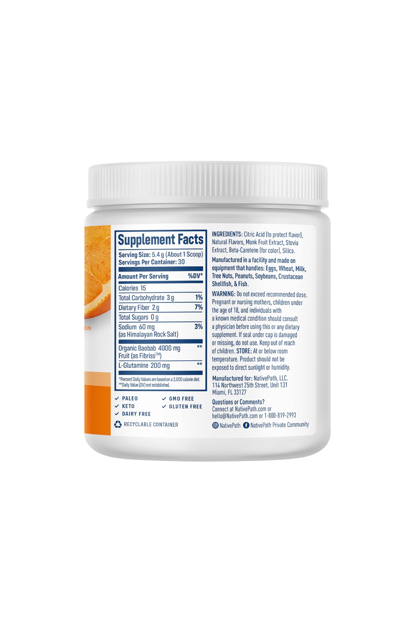 NativePath etiqueta nutricional en detalle que muestra ingredientes limpios