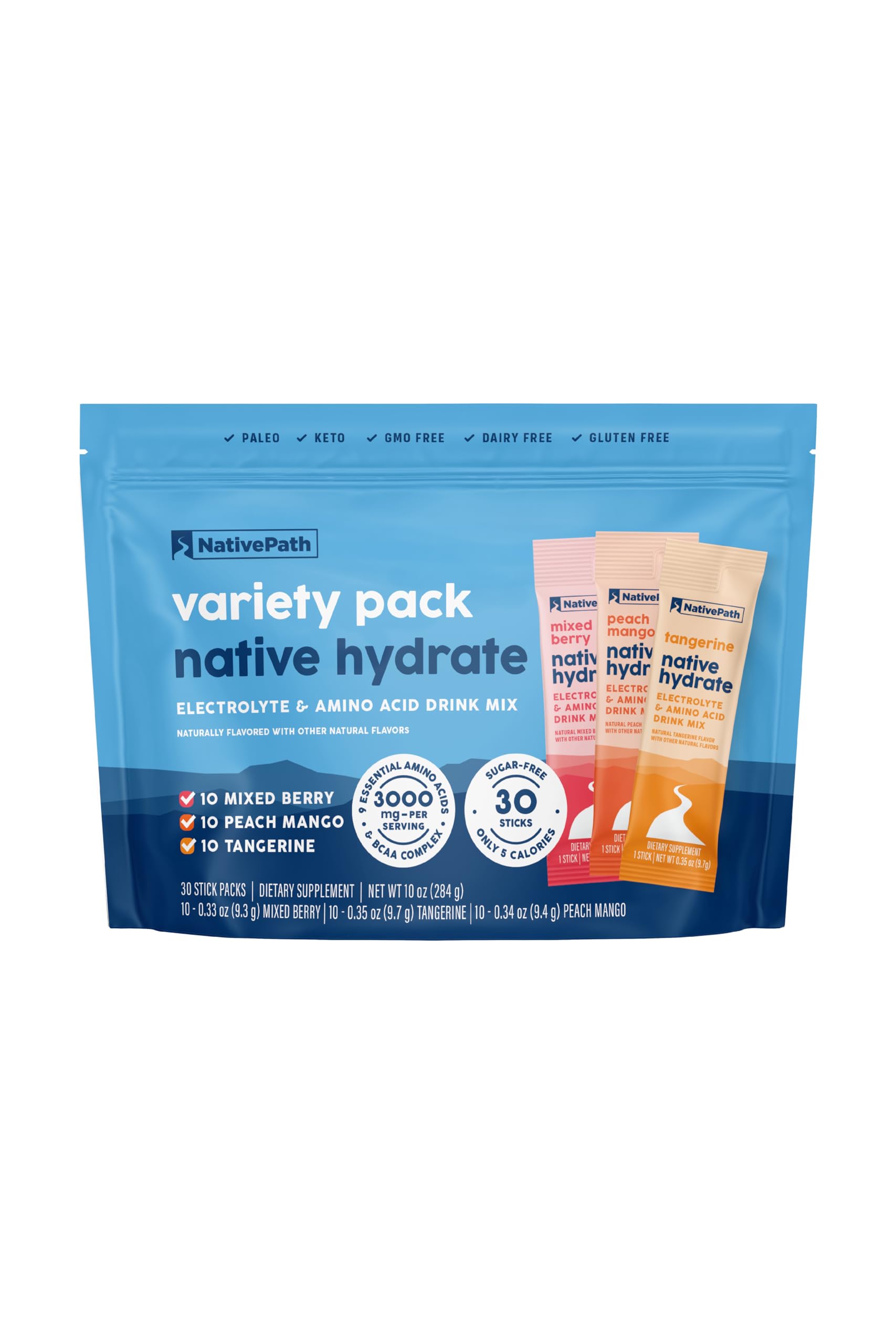 NativePath empaque frontal del pack surtido mostrando 30 sobres y beneficios