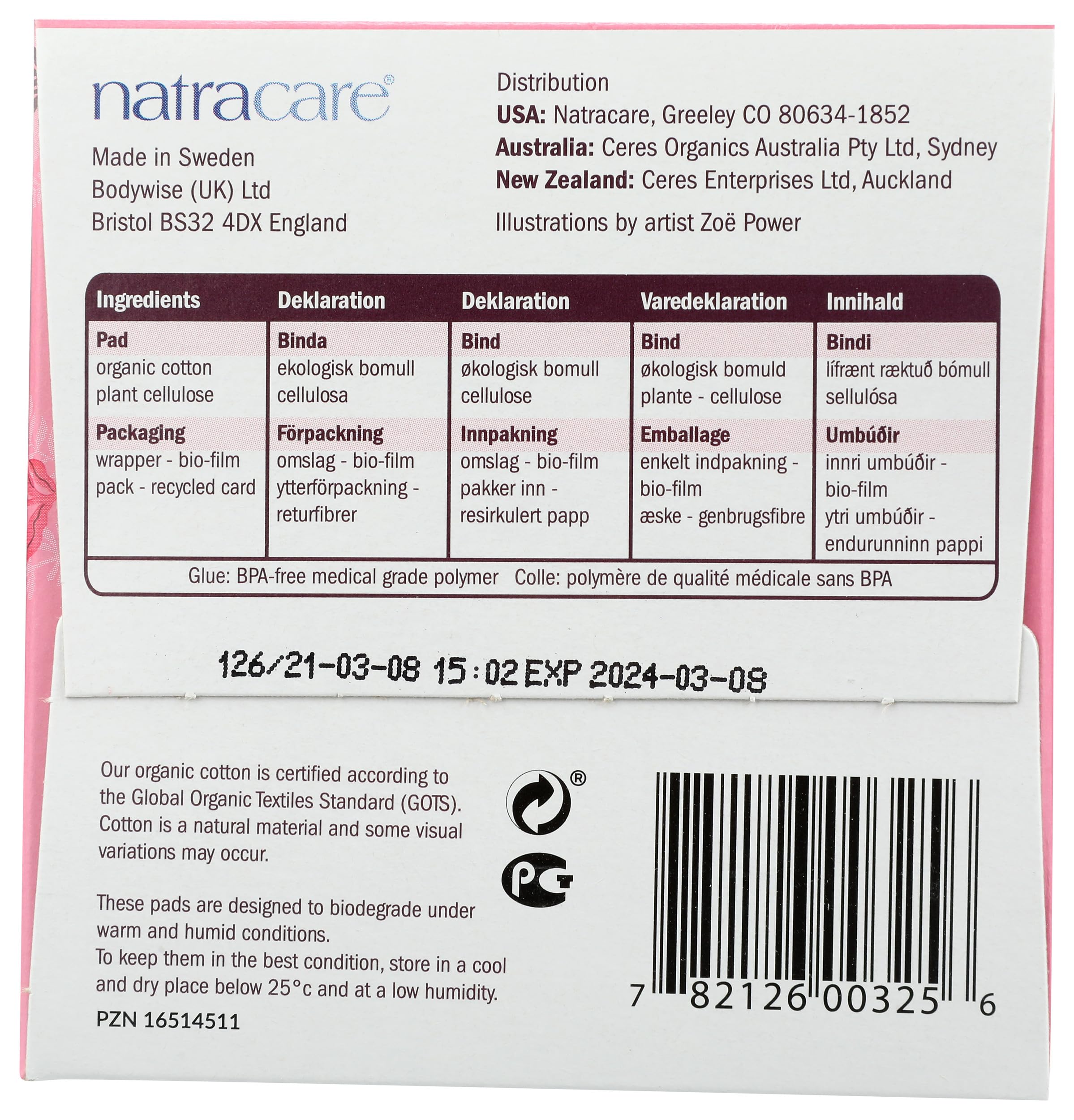 natracare símbolos de certificación y materiales mostrando compromiso sostenible