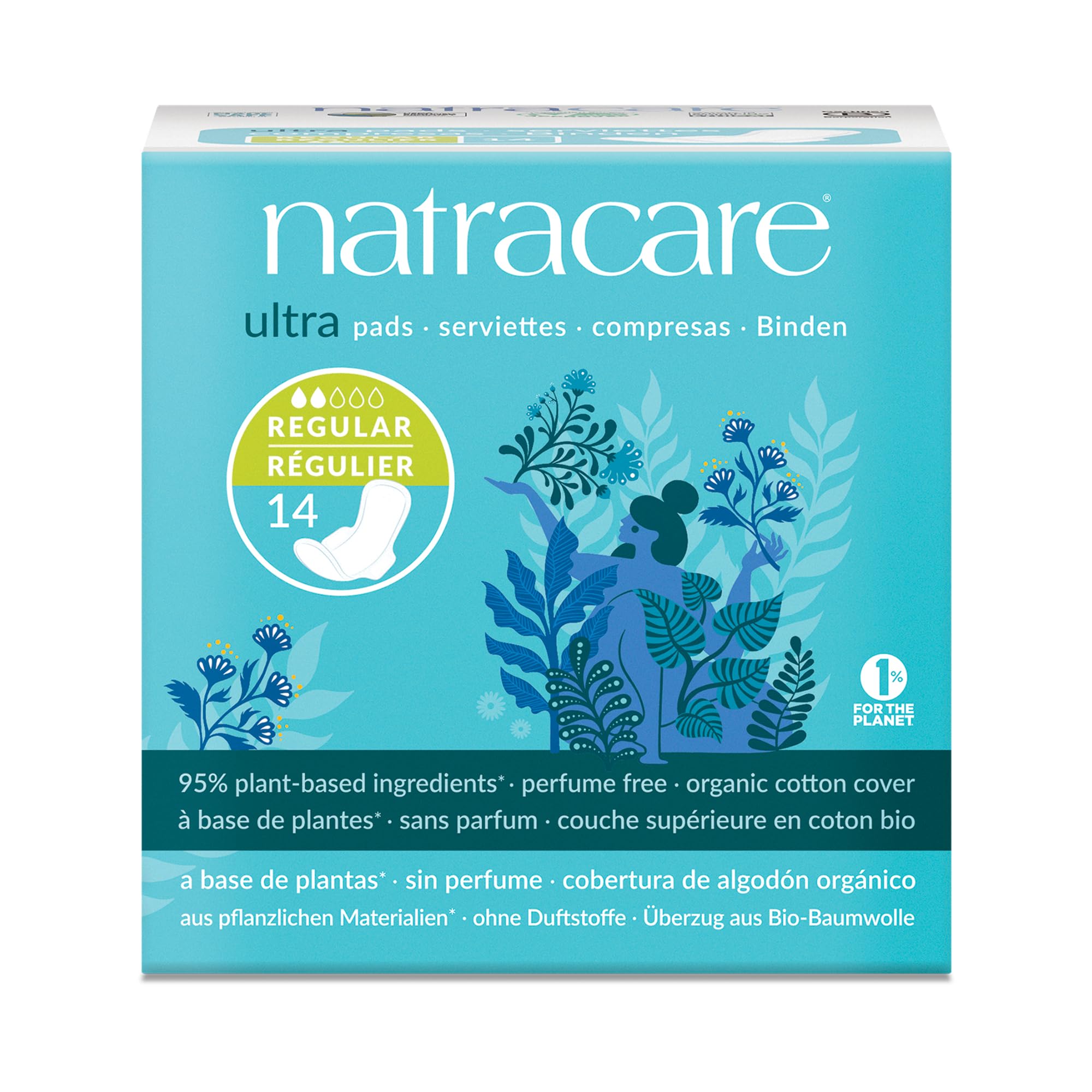 natracare frontal del envase muestra diseño y 14 unidades, comodidad natural