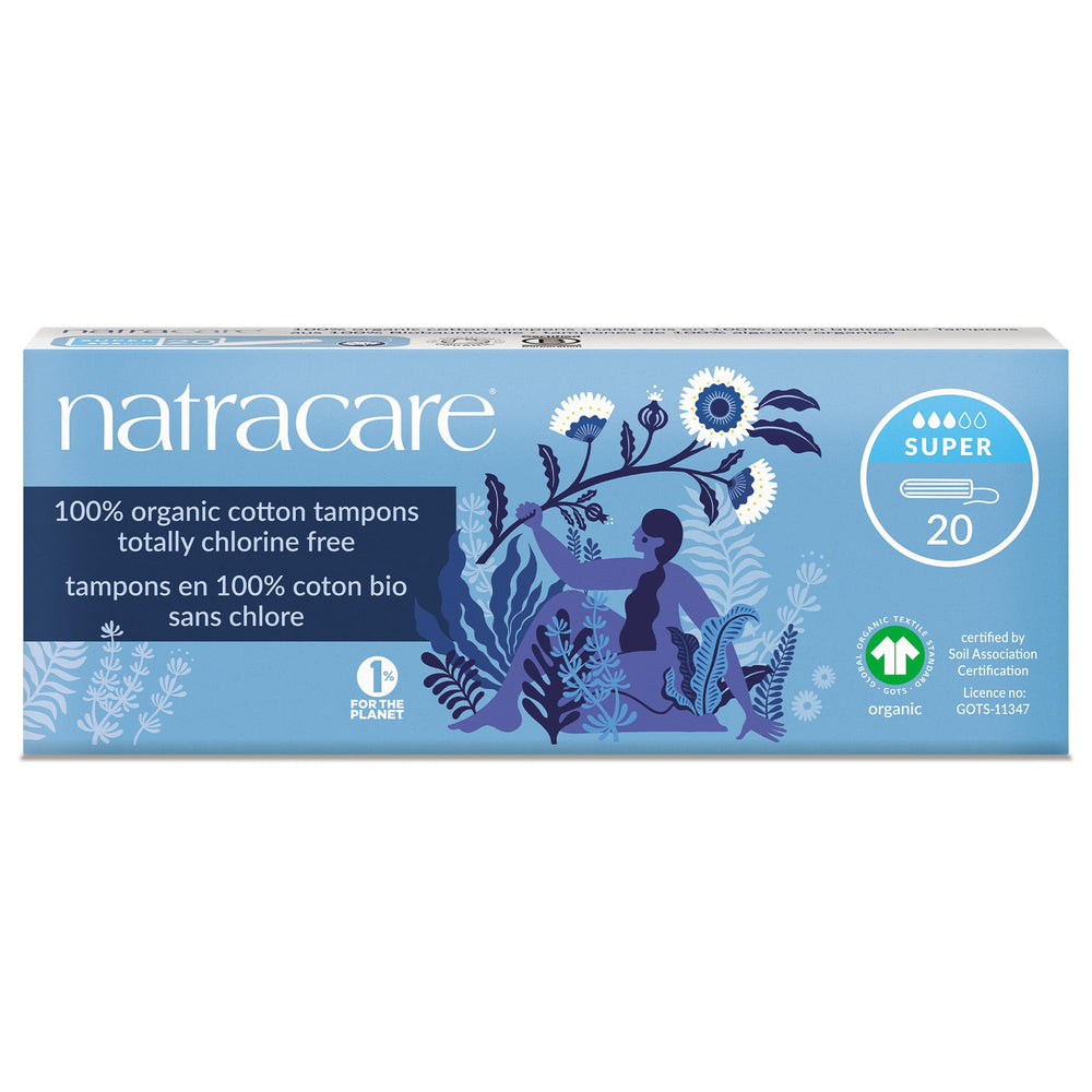 natracare paquete frontal mostrando 20 tampones y beneficios ecológicos