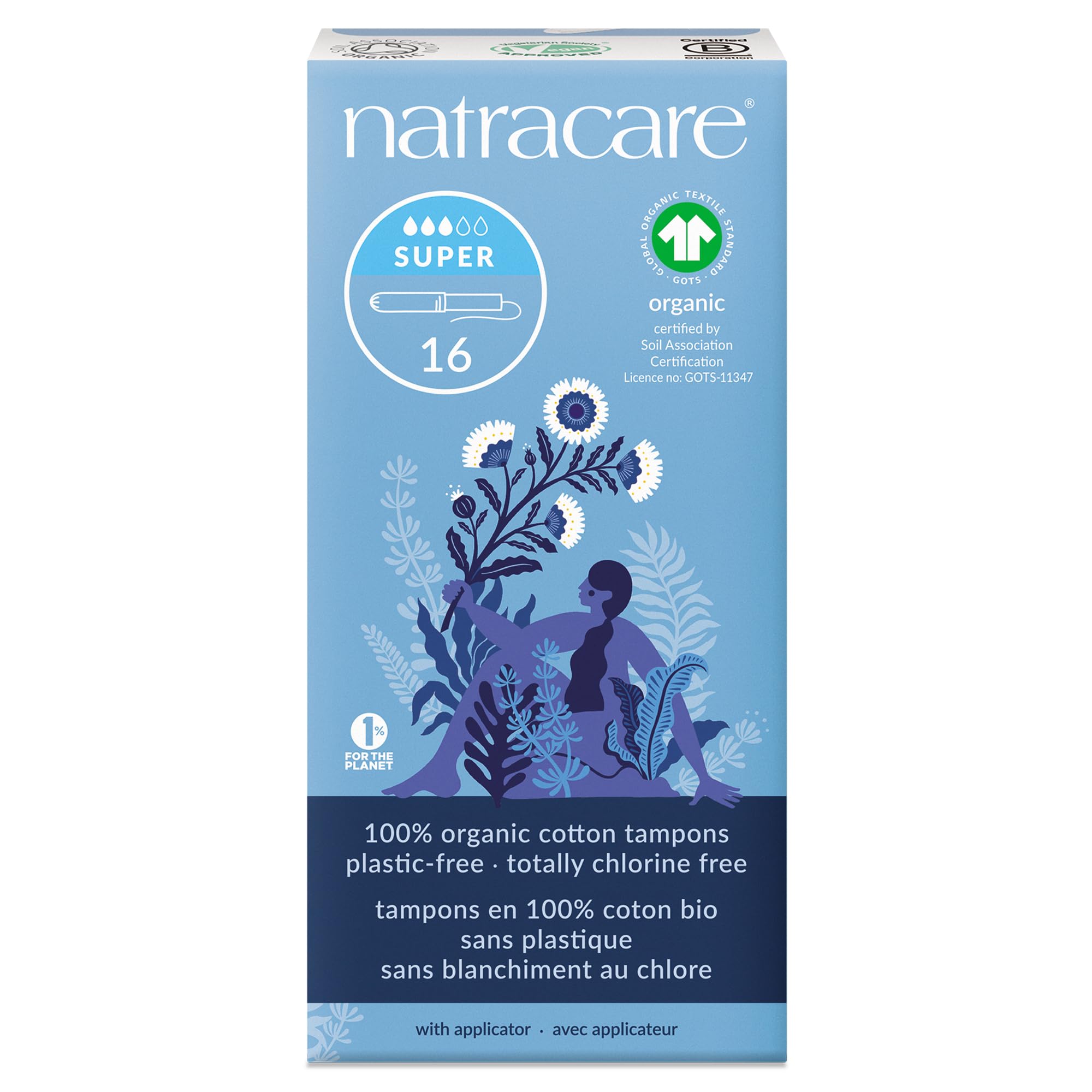 Natracare tampón frontal paquete cerrado, protección natural y sin cloro