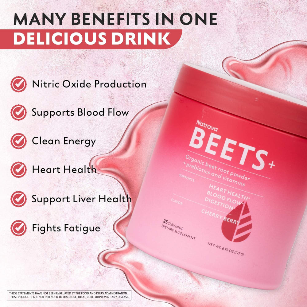 Natrava Beets+ etiqueta con ingredientes orgánicos y vitaminas visibles