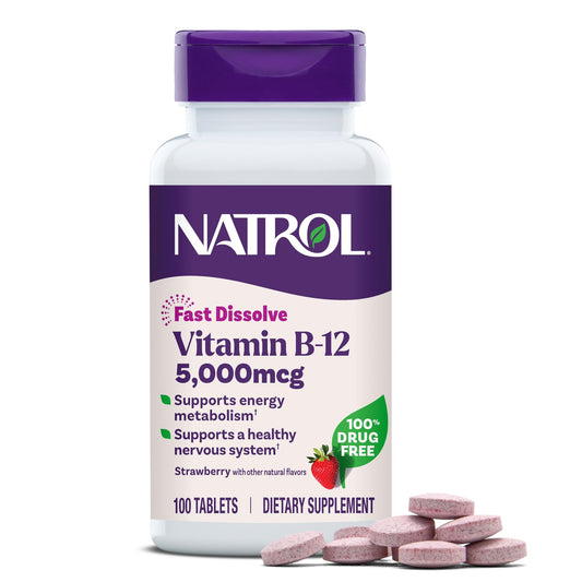 Natrol envase frontal mostrando B12 5000 mcg para reconocimiento rápido