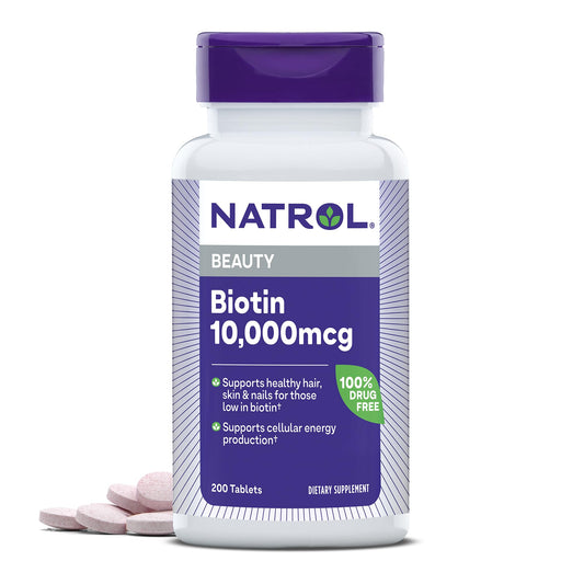 Natrol mostrando el envase frontal y dosis alta para cabello