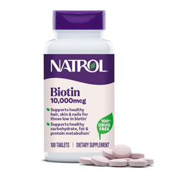 Natrol botella frontal mostrando el envase y la dosis, beneficios para rutina de belleza