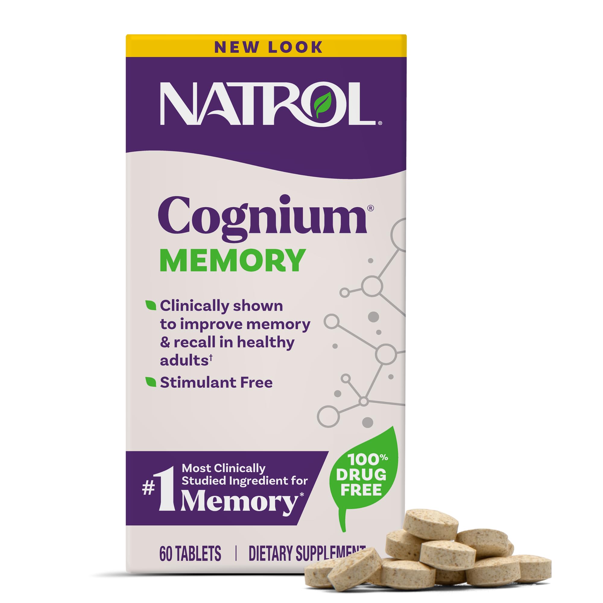 natrol cognium memory frente del empaque mostrando el producto y beneficio de memoria