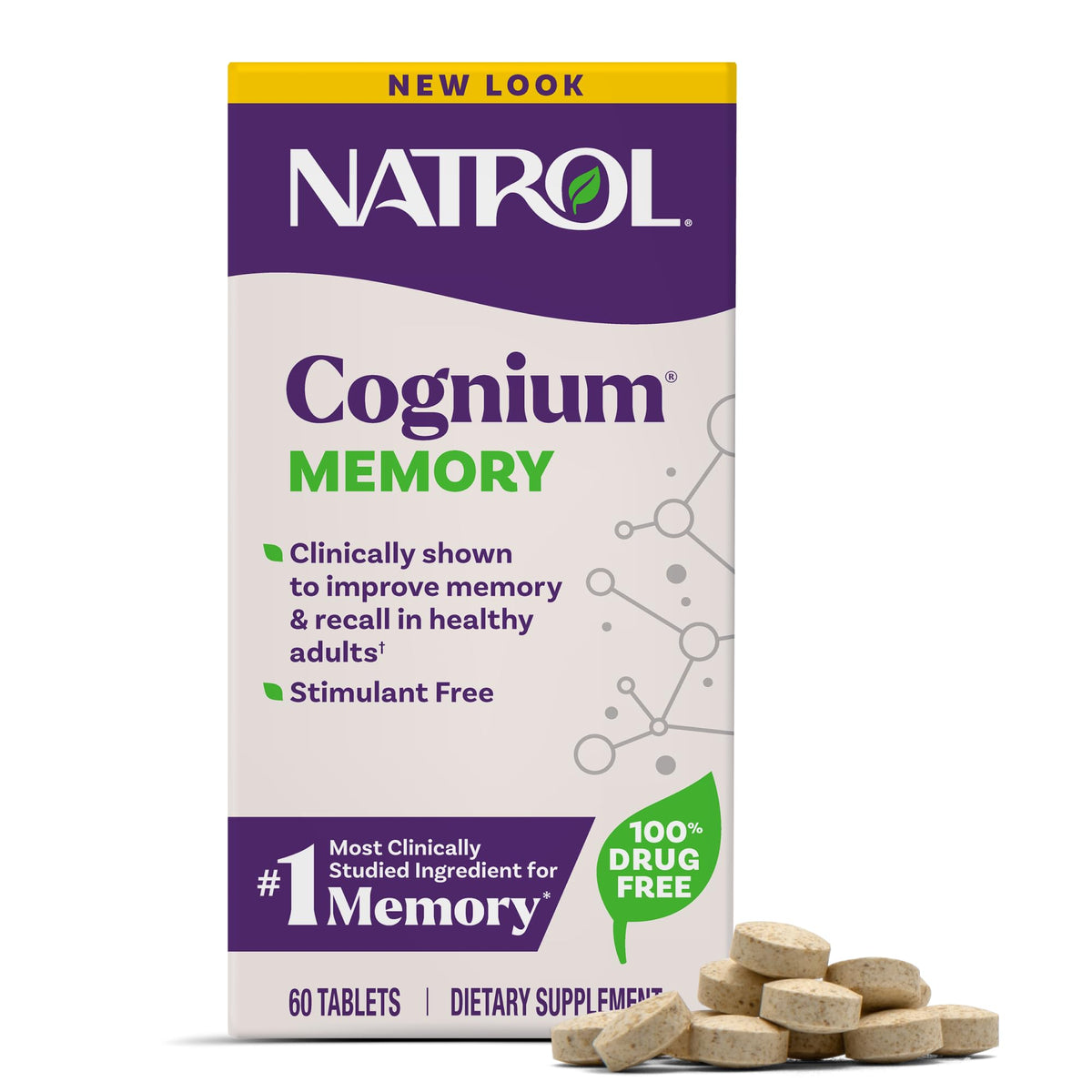 natrol cognium memory frente del empaque mostrando el producto y beneficio de memoria