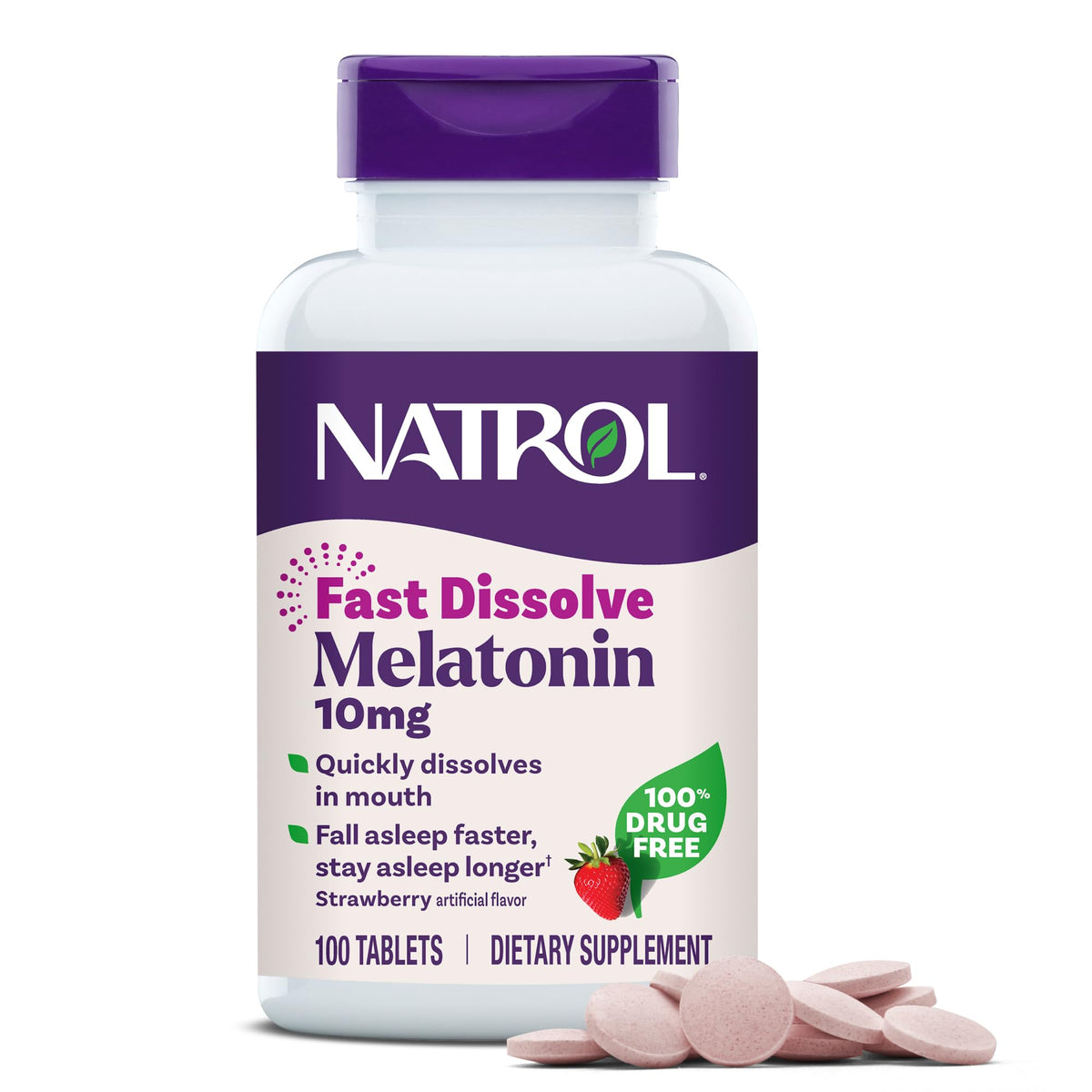 Natrol envase frontal melatonina 10 mg, presentación clara y portátil