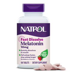 Natrol envase frontal melatonina 10 mg, presentación clara y portátil