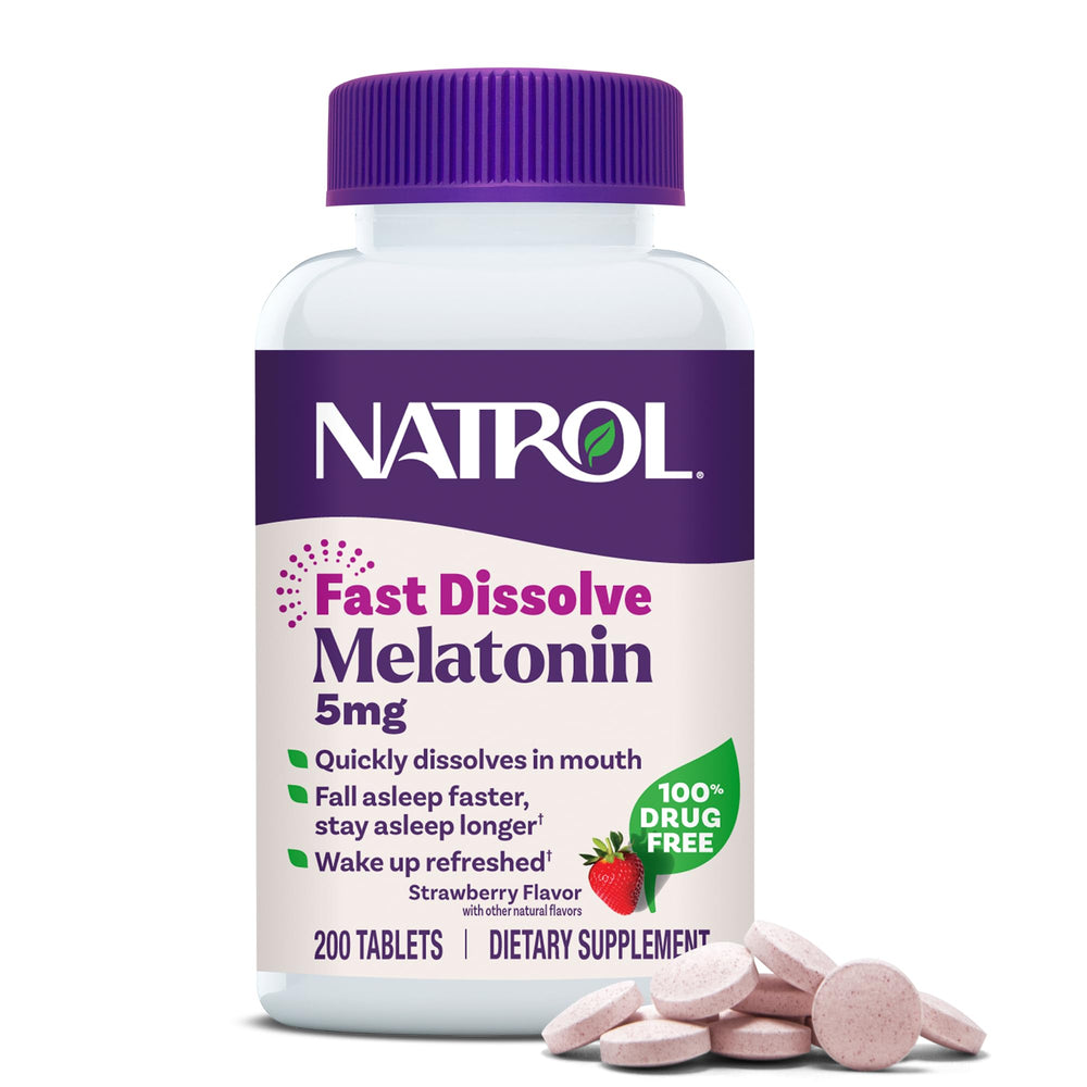 Natrol frasco frontal mostrando 200 comprimidos y beneficio de conveniencia