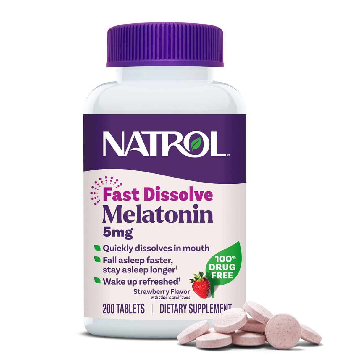 Natrol frasco frontal mostrando 200 comprimidos y beneficio de conveniencia
