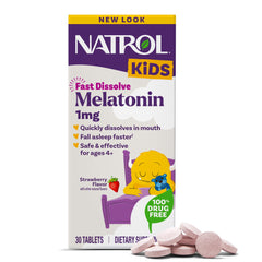 Natrol empaque frontal mostrando el nombre y beneficio para sueño infantil